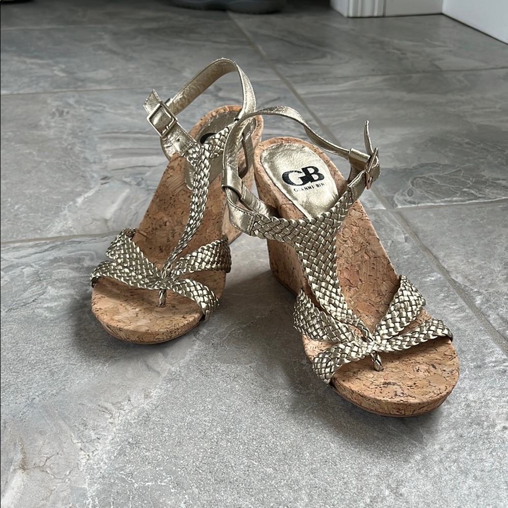 Gianni Bini Gold Wedge Sandals with Lattice Straps